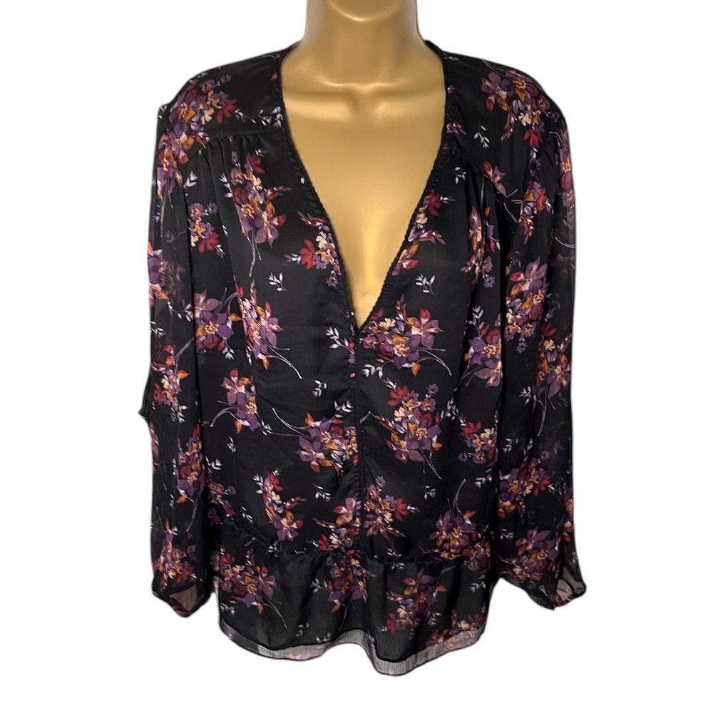 1.STATE Floral Sheer Blouse Elastic Waist Lined Black 2X
